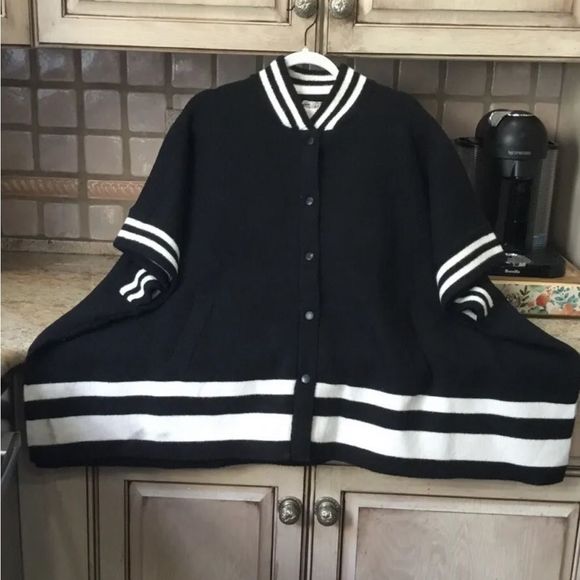 Free People Pep Rally Stripe Poncho Sweater Jacket Snaps Cobalt Black White - Picture 4 of 6